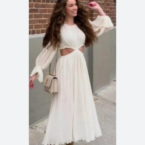 ZARA Cream Crinkly Midriff Cut Out Midi Dress M NWT - Picture 2 of 16